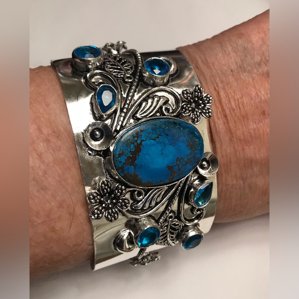 Turquoise Blue Topaz Stamped 925 Sterling Silver Cuff Bracelet